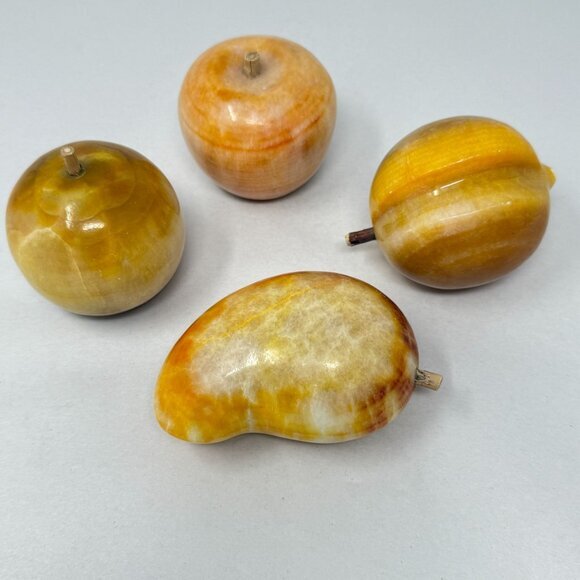 Alabaster Fruit Set of 4 Pieces Peach Apples Mango Stone Marble Vintage - Picture 1 of 16